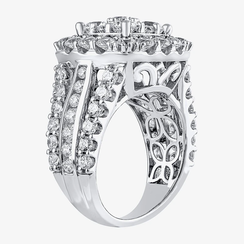 (G/Si2) Womens 4 CT. T.W. Lab Grown White Diamond 10K Gold Cushion Halo Side Stone Cocktail Ring