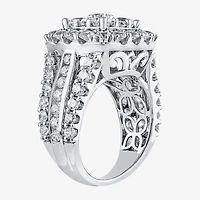 (G/Si2) Womens 4 CT. T.W. Lab Grown White Diamond 10K Gold Cushion Halo Side Stone Cocktail Ring
