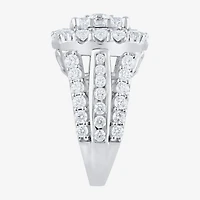 (G/Si2) Womens 4 CT. T.W. Lab Grown White Diamond 10K Gold Cushion Halo Side Stone Cocktail Ring