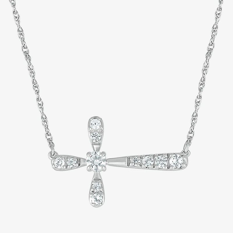 Sideways Womens Lab Created White Sapphire Sterling Silver Cross 18 Inch Pendant Necklace