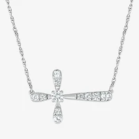 Sideways Womens Lab Created White Sapphire Sterling Silver Cross 18 Inch Pendant Necklace