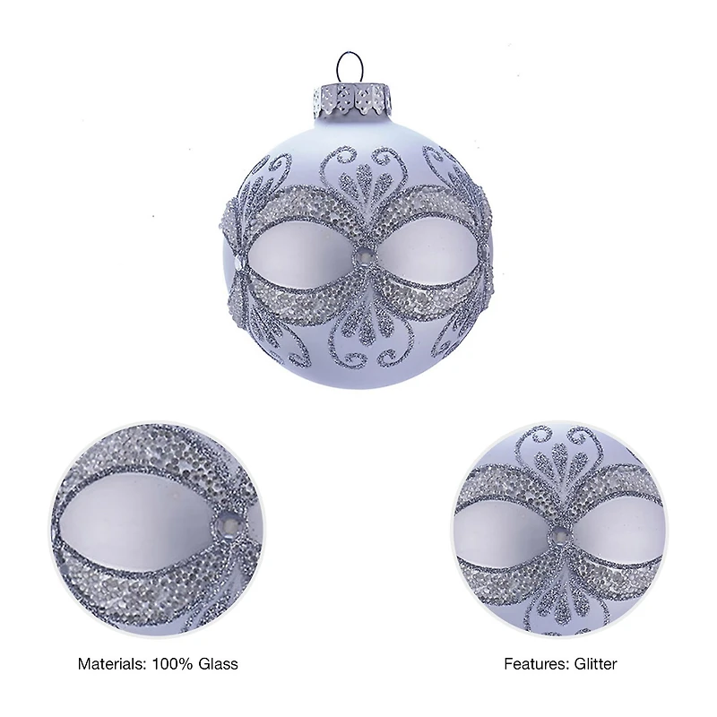 Kurt Adler 80MM Silver with Glitter and Sequins Glass Ball Ornaments 6 Piece Box