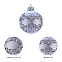Kurt Adler 80MM Silver with Glitter and Sequins Glass Ball Ornaments 6 Piece Box