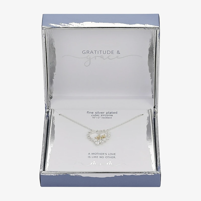 Gratitude & Grace Mom Womens Cubic Zirconia Pure Silver Over Brass Heart 16 Inch Pendant Necklace