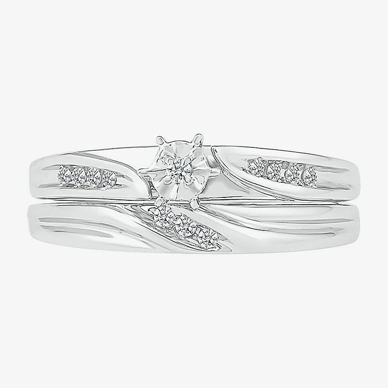 4.60mm Unisex Adult 1/10 CT. T.W. Natural White Diamond 10K Gold Round Side Stone Wedding Ring Set