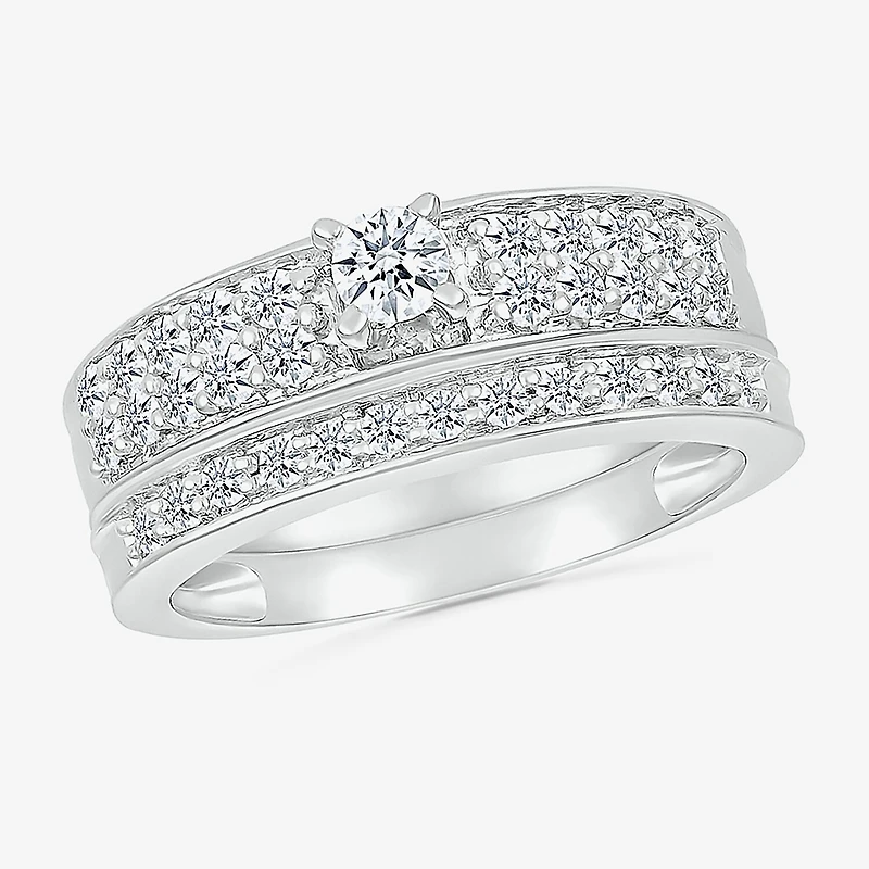 5.00mm Unisex Adult 1 CT. T.W. Natural White Diamond 10K Gold Round Side Stone Wedding Ring Set