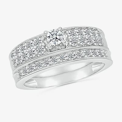 5.00mm Unisex Adult 1 CT. T.W. Natural White Diamond 10K Gold Round Side Stone Wedding Ring Set