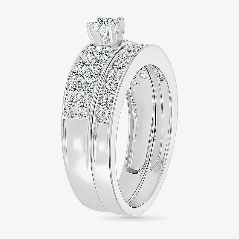 5.00mm Unisex Adult 1 CT. T.W. Natural White Diamond 10K Gold Round Side Stone Wedding Ring Set