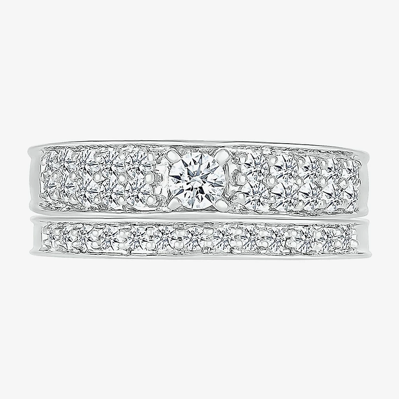 5.00mm Unisex Adult 1 CT. T.W. Natural White Diamond 10K Gold Round Side Stone Wedding Ring Set
