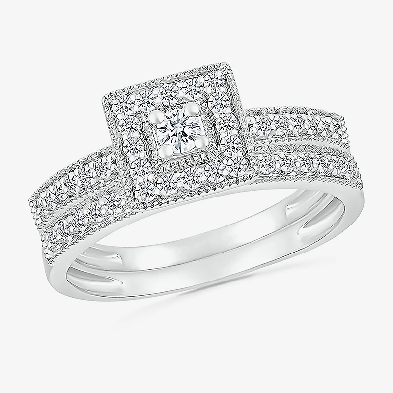 6.65mm Unisex Adult 5/8 CT. T.W. Natural White Diamond 10K Gold Halo Side Stone Ring Set