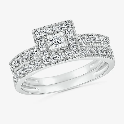 6.65mm Unisex Adult 5/8 CT. T.W. Natural White Diamond 10K Gold Halo Side Stone Ring Set