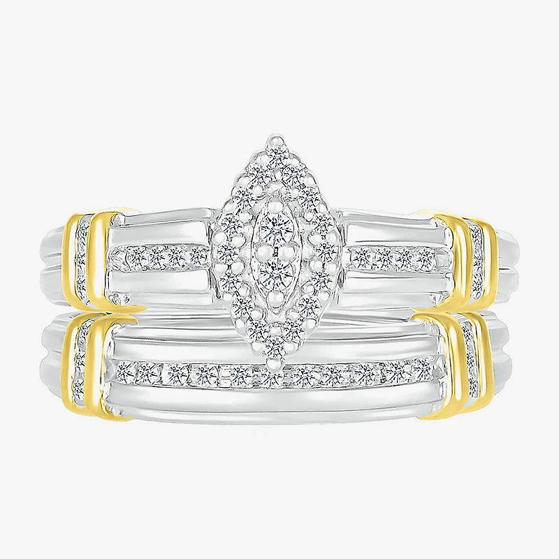 5.10mm Unisex Adult 1/4 CT. T.W. Natural White Diamond 10K Two Tone Gold Marquise Halo Side Stone Ring Set
