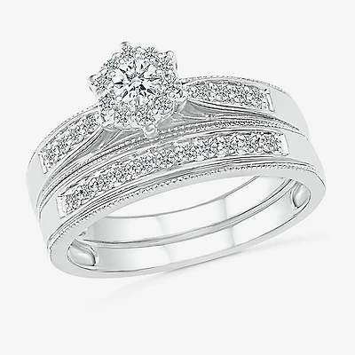 6.00mm Unisex Adult 1/2 CT. T.W. Natural White Diamond 10K Gold Round Halo Side Stone Ring Set