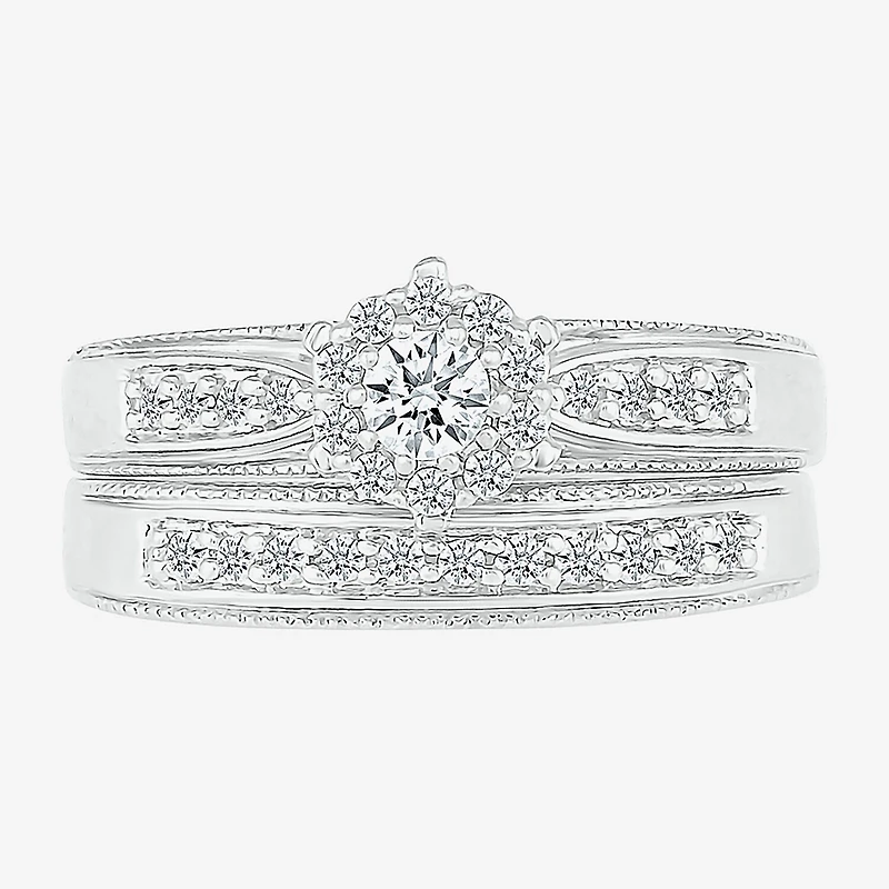 6.00mm Unisex Adult 1/2 CT. T.W. Natural White Diamond 10K Gold Round Halo Side Stone Ring Set