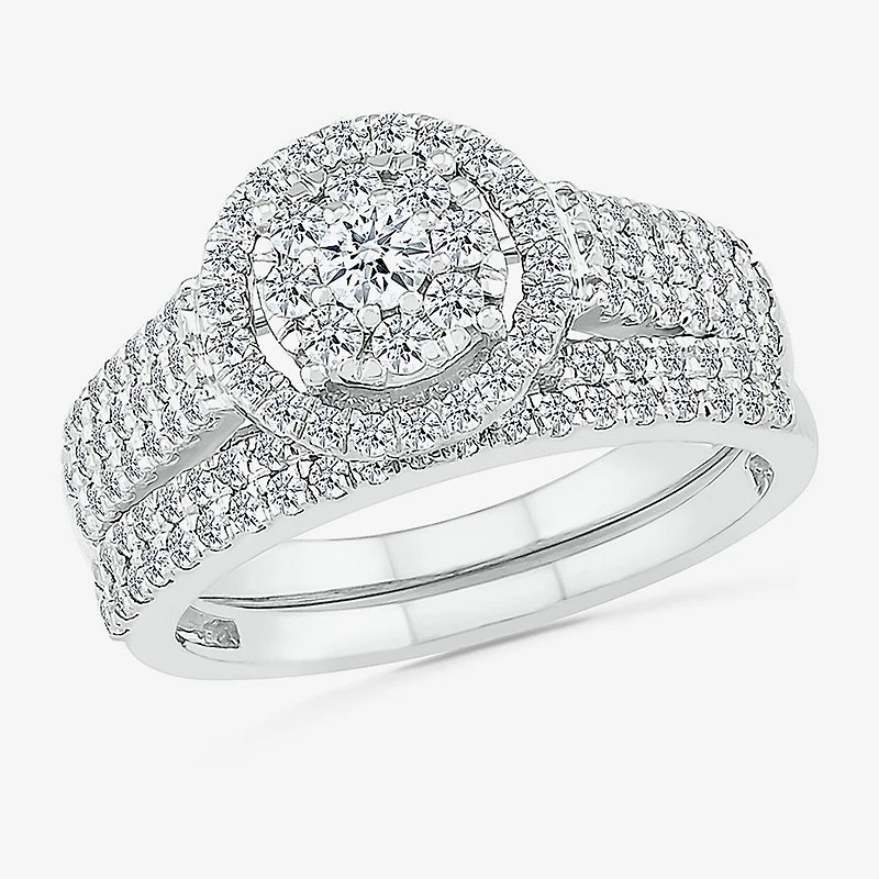 6.70mm Unisex Adult 1 1/5 CT. T.W. Natural White Diamond 10K Gold Round Halo Side Stone Ring Set