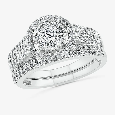 6.70mm Unisex Adult 1 1/5 CT. T.W. Natural White Diamond 10K Gold Round Halo Side Stone Ring Set