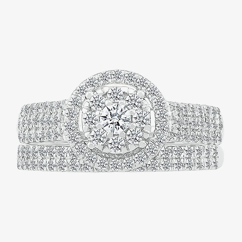 6.70mm Unisex Adult 1 1/5 CT. T.W. Natural White Diamond 10K Gold Round Halo Side Stone Ring Set