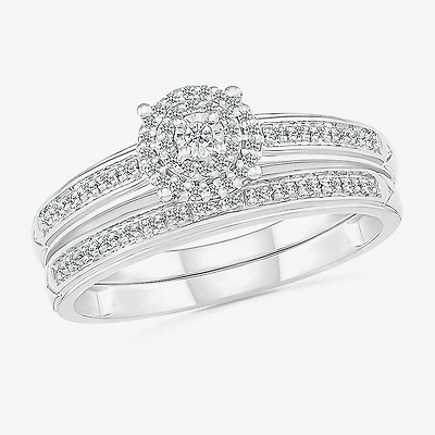 4.45mm Unisex Adult 1/4 CT. T.W. Natural White Diamond 10K Gold Round Halo Side Stone Ring Set