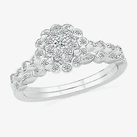 Womens 3/8 CT. T.W. Natural White Diamond 10K Gold Flower Side Stone Halo Bridal Set