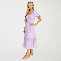 City Triangle Womens Juniors Midi Sweetheart Neck Short Sleeve A-Line Dress