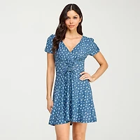 City Triangle Womens Juniors V Neck Short Sleeve Cap Fit + Flare Dress