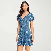 City Triangle Womens Juniors V Neck Short Sleeve Cap Fit + Flare Dress
