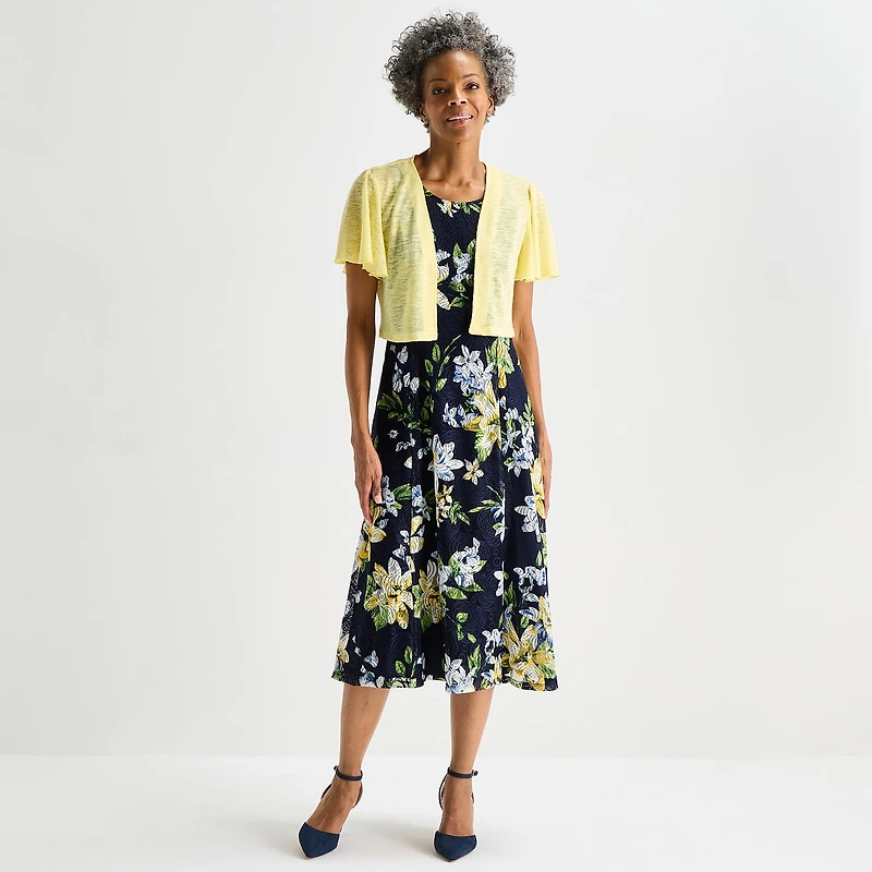 Perceptions Womens Midi Floral Jacket Dress
