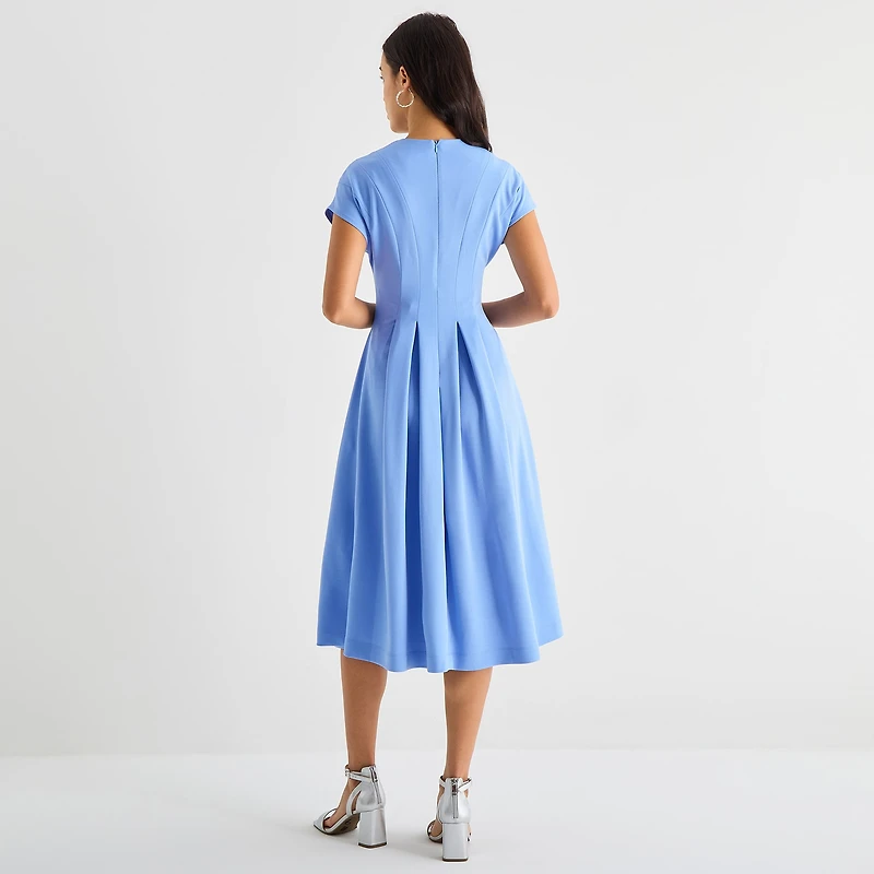 Danny & Nicole Womens Midi V Neck Short Sleeve Cap Fit + Flare Dress