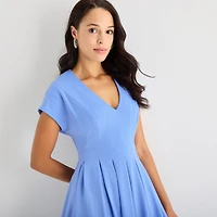 Danny & Nicole Womens Midi V Neck Short Sleeve Cap Fit + Flare Dress