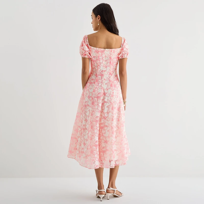 Melonie T Womens Midi Square Neck Short Sleeve Puffed Floral Fit + Flare Dress