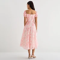 Melonie T Womens Midi Square Neck Short Sleeve Puffed Floral Fit + Flare Dress