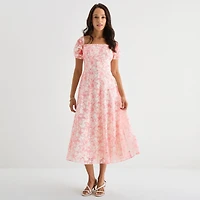 Melonie T Womens Midi Square Neck Short Sleeve Puffed Floral Fit + Flare Dress