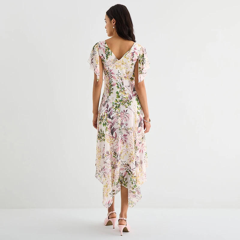 Robbie Bee Womens Midi Draped Neck Short Sleeve Flutter Floral Fit + Flare Dress