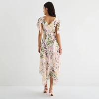 Robbie Bee Womens Midi Draped Neck Short Sleeve Flutter Floral Fit + Flare Dress