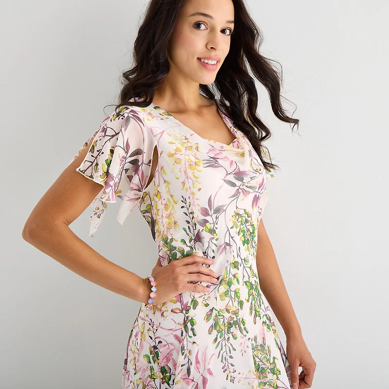 Robbie Bee Womens Midi Draped Neck Short Sleeve Flutter Floral Fit + Flare Dress
