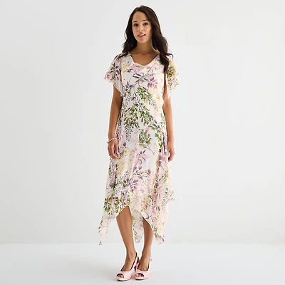 Robbie Bee Womens Midi Draped Neck Short Sleeve Flutter Floral Fit + Flare Dress
