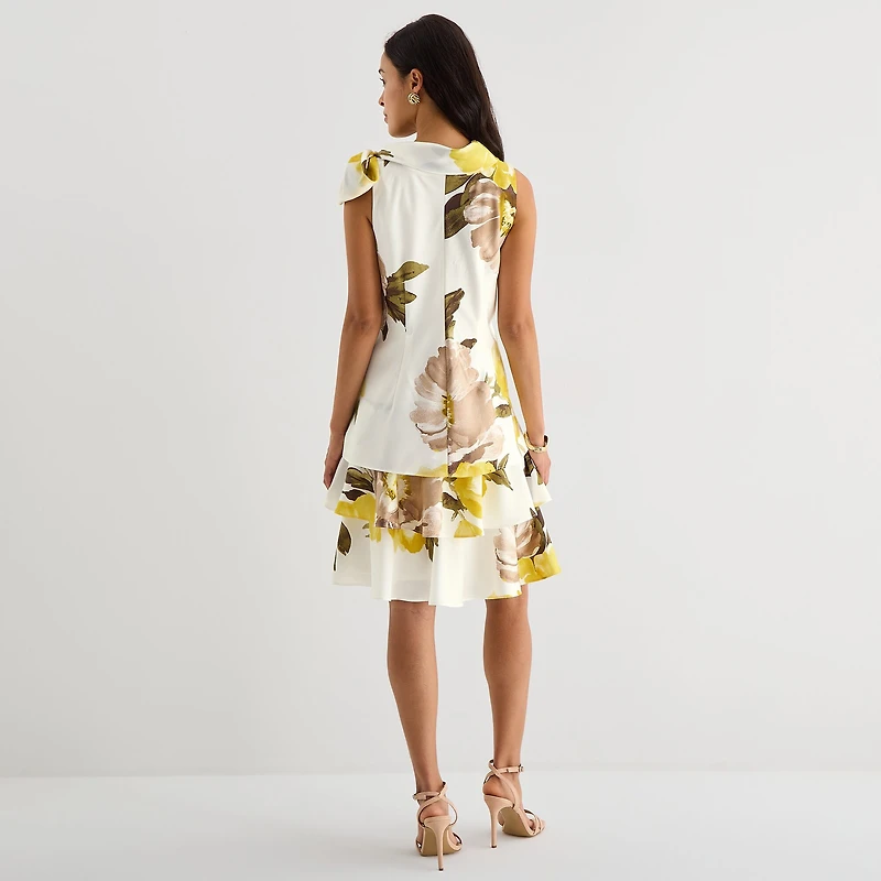 Robbie Bee Womens Asymmetrical Neck Sleeveless Floral Shift Dress
