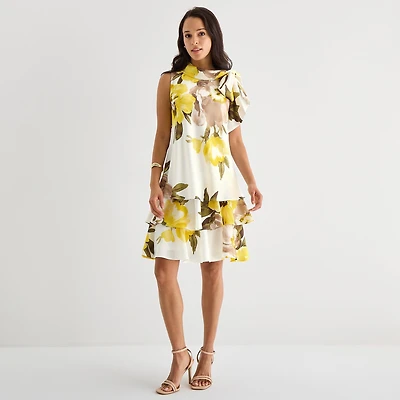 Robbie Bee Womens Asymmetrical Neck Sleeveless Floral Shift Dress
