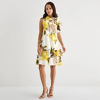 Robbie Bee Womens Asymmetrical Neck Sleeveless Floral Shift Dress