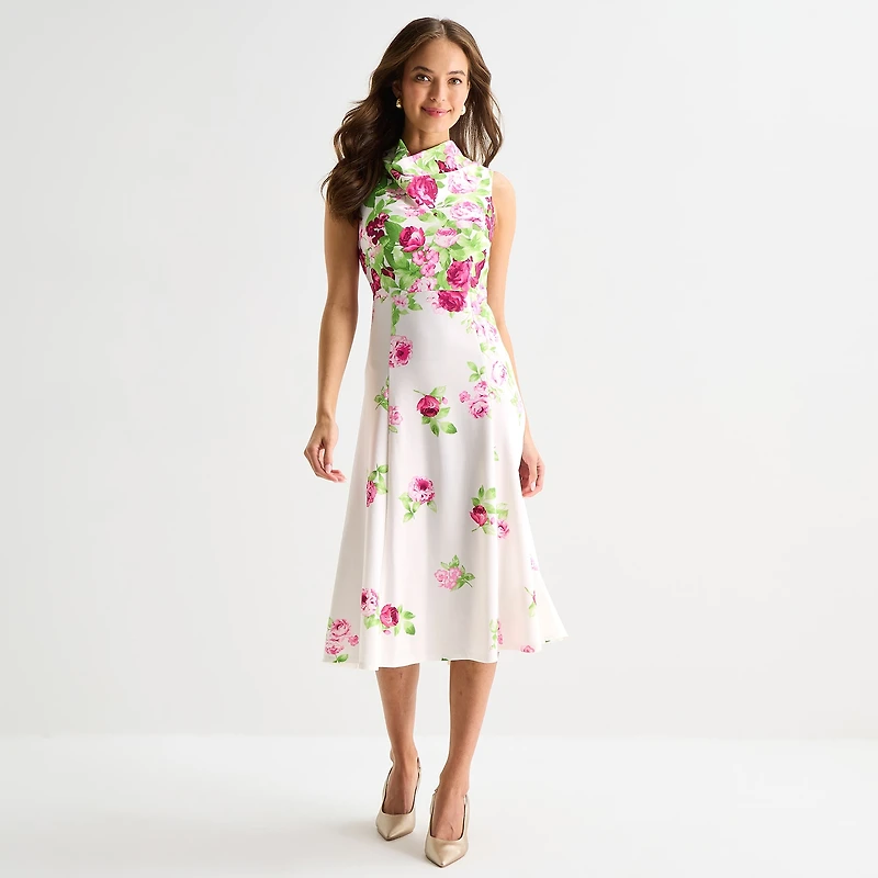 Perceptions Womens Midi Cowl Neck Sleeveless Floral Fit + Flare Dress