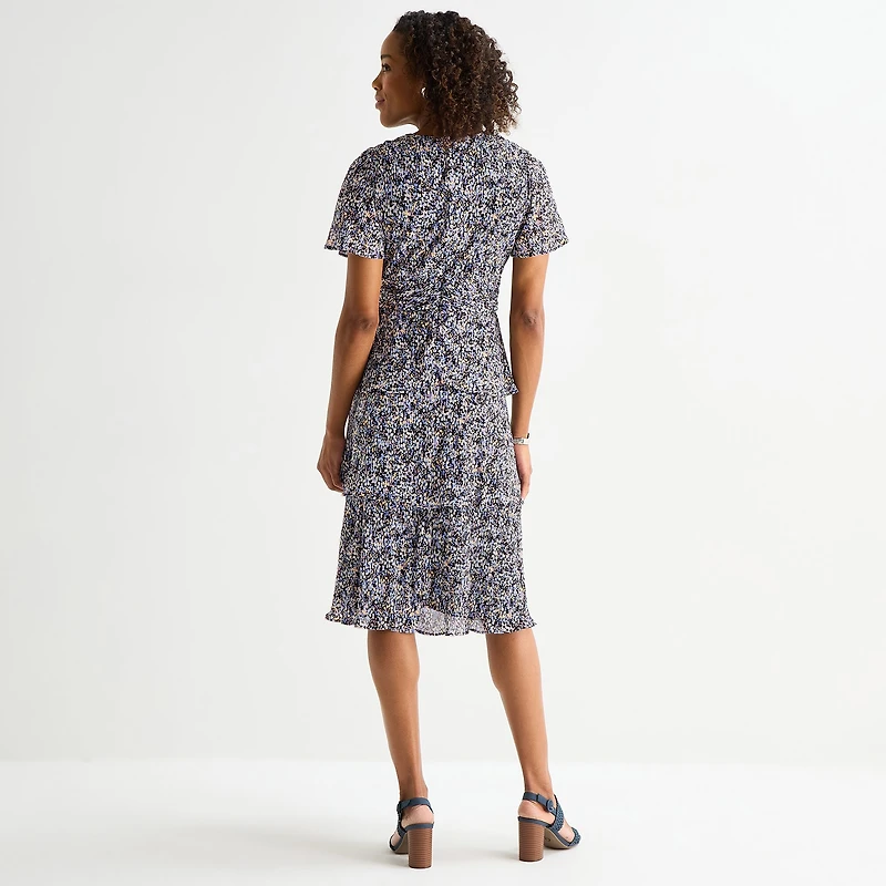 Perceptions Womens V Neck Short Sleeve Flutter Floral Fit + Flare Dress