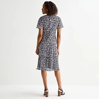 Perceptions Womens V Neck Short Sleeve Flutter Floral Fit + Flare Dress