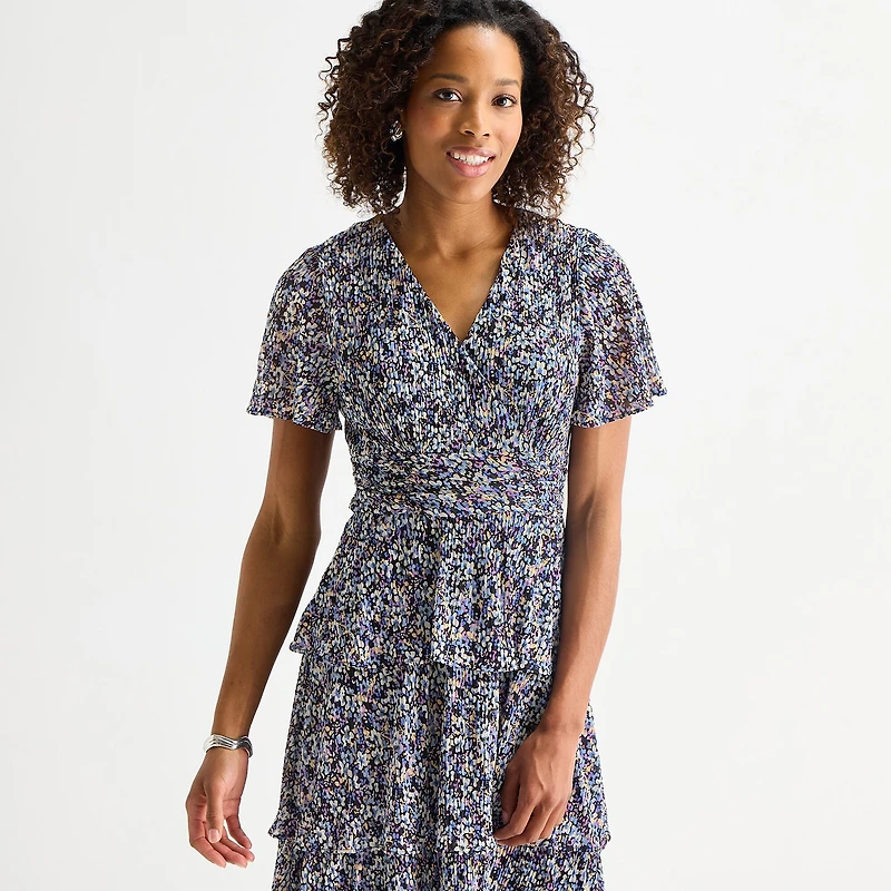 Perceptions Womens V Neck Short Sleeve Flutter Floral Fit + Flare Dress