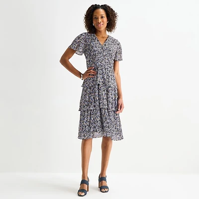 Perceptions Womens V Neck Short Sleeve Flutter Floral Fit + Flare Dress