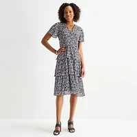 Perceptions Womens V Neck Short Sleeve Flutter Floral Fit + Flare Dress