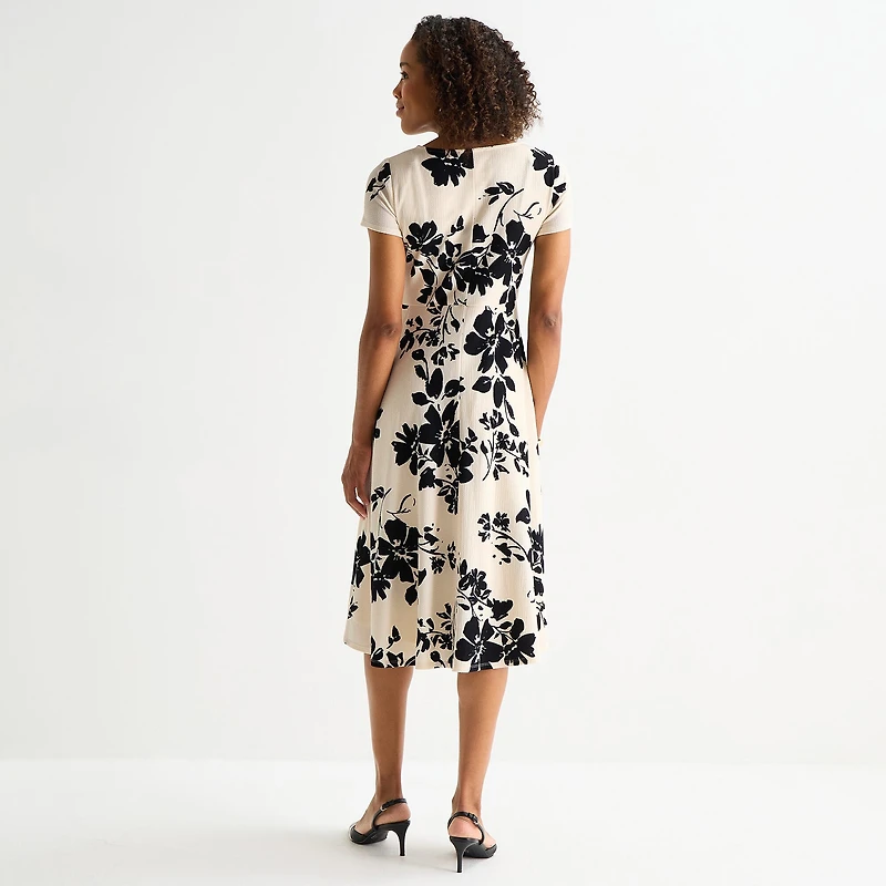 Perceptions Womens Midi Round Neck Short Sleeve Floral Fit + Flare Dress
