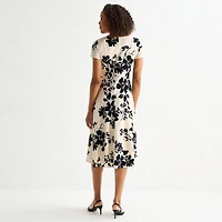 Perceptions Womens Midi Round Neck Short Sleeve Floral Fit + Flare Dress