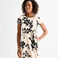 Perceptions Womens Midi Round Neck Short Sleeve Floral Fit + Flare Dress