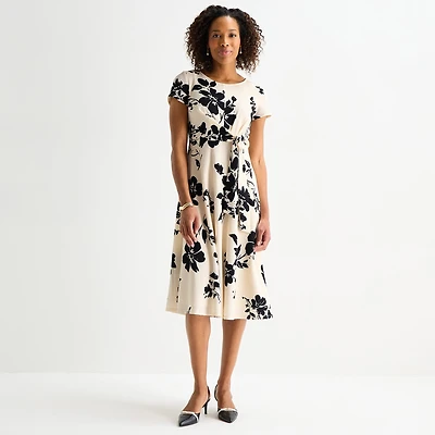 Perceptions Womens Midi Round Neck Short Sleeve Floral Fit + Flare Dress
