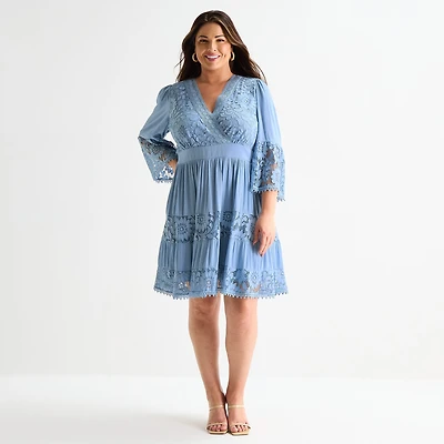 Isabel & Nina Womens Plus V Neck 3/4 Sleeve Bell Fit + Flare Dress